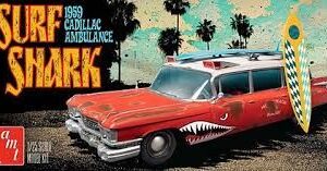 Vintage red Cadillac ambulance with surf design