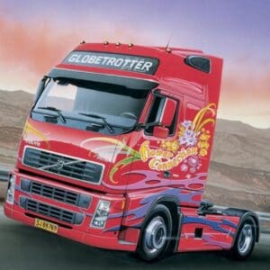Red truck with colorful graphics on road