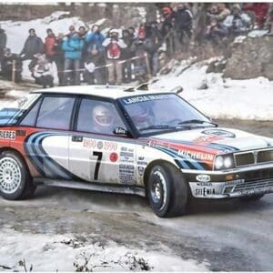 Rally car drifting on snowy road
