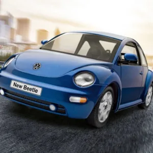 Compact blue car in motion on street