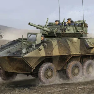 Armored vehicle navigating rugged terrain with crew.