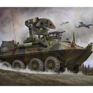 Military vehicle with camouflage design and turret.