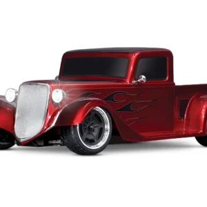 Red vintage pickup truck model with flames.