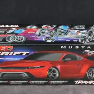 Red Mustang RC car packaging display.