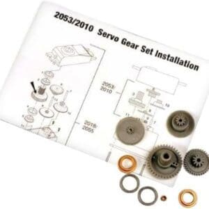 Servo gear set components with installation guide.